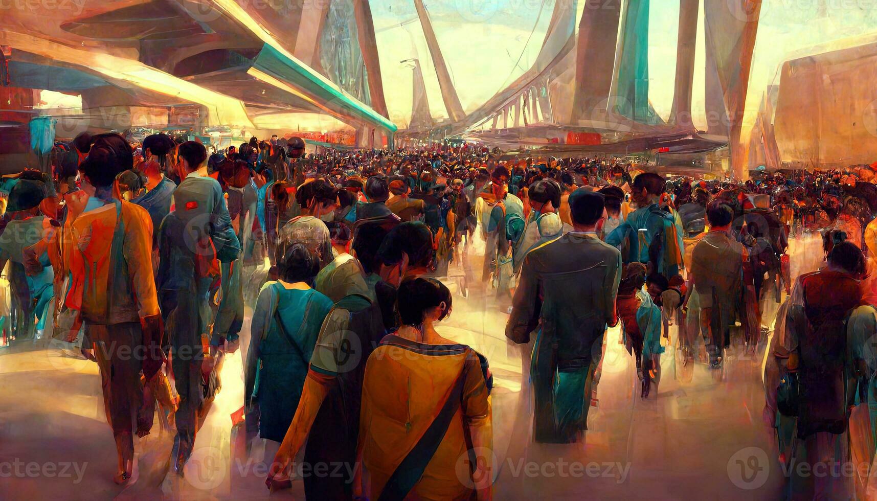 Crowded with many pedestrians, highly angled, highly geometric futuristic architecture. Futuristic eco cityscape creative concept illustration photo