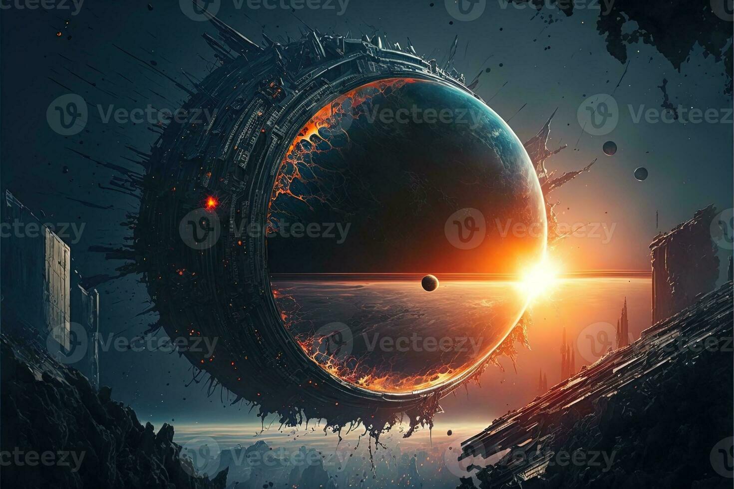 Cyberpunk planet, solar system-punk, the entire universe is collapsing in on itself. Human in the ruined city, destroyed earth, digital painting. Concept apocalypse. Black hole in space photo