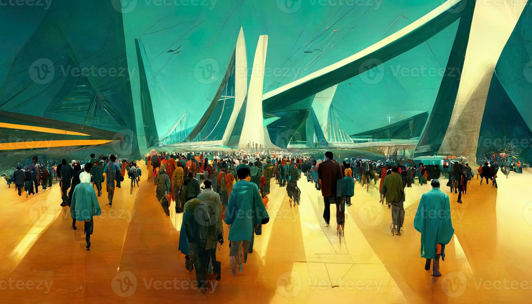 Crowded with many pedestrians, highly angled, highly geometric futuristic architecture. Futuristic eco cityscape creative concept illustration photo