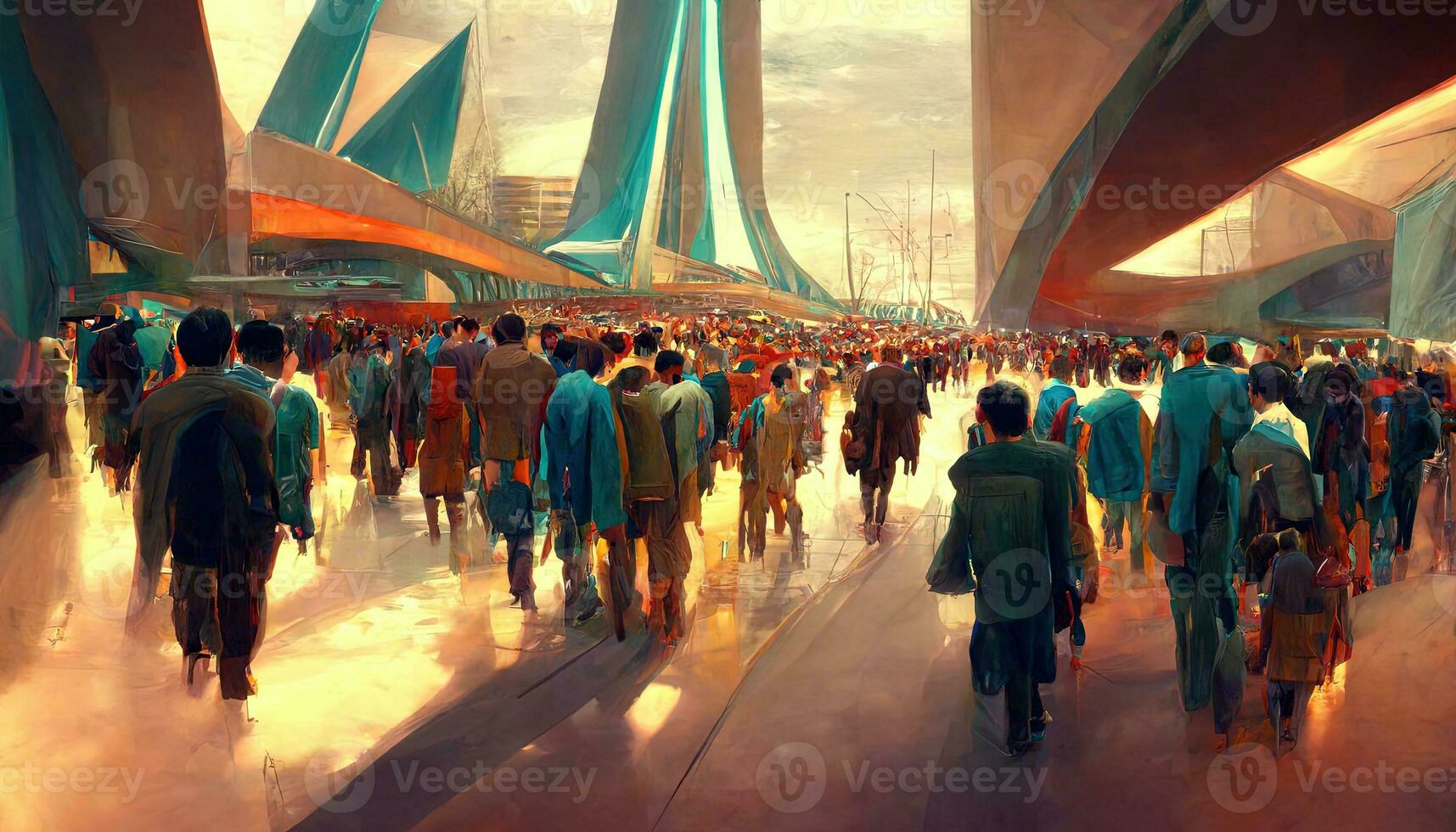 Crowded with many pedestrians, highly angled, highly geometric futuristic architecture. Futuristic eco cityscape creative concept illustration photo