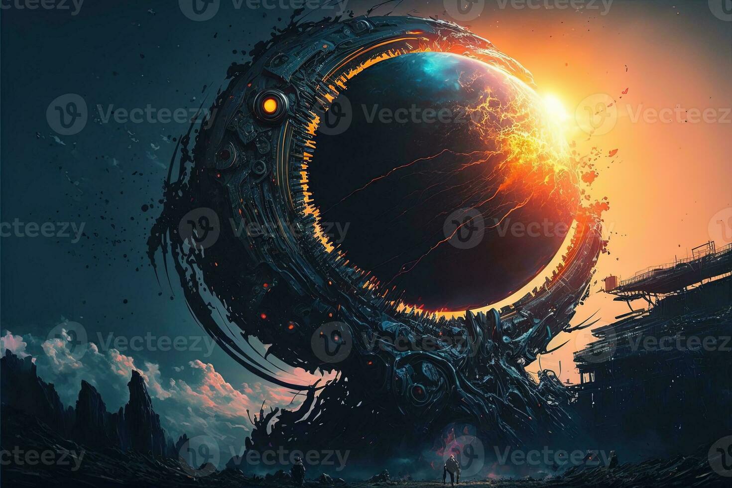 Cyberpunk planet, solar system-punk, the entire universe is collapsing in on itself. Human in the ruined city, destroyed earth, digital painting. Concept apocalypse. Black hole in space photo