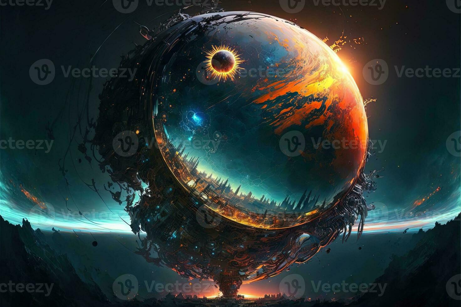 Cyberpunk planet, solar system-punk, the entire universe is collapsing in on itself. Human in the ruined city, destroyed earth, digital painting. Concept apocalypse. Black hole in space photo