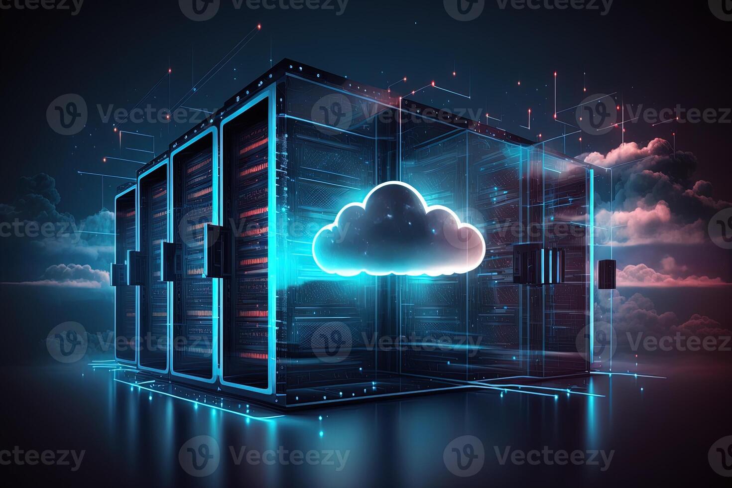 generativo ai datos centrar habitación con Marco principal almacenamiento servidores, nube red concepto, hospedaje bases de datos y Internet, moderno telecomunicaciones, artificial inteligencia,servidor habitación foto