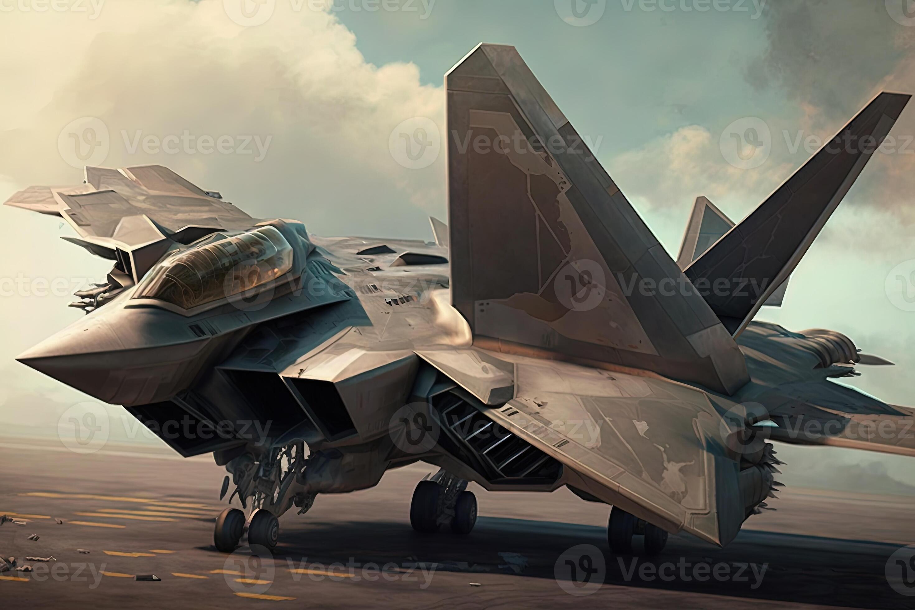 F22 Raptor in flight with vapor clouds. Illustration of Fighter Jet