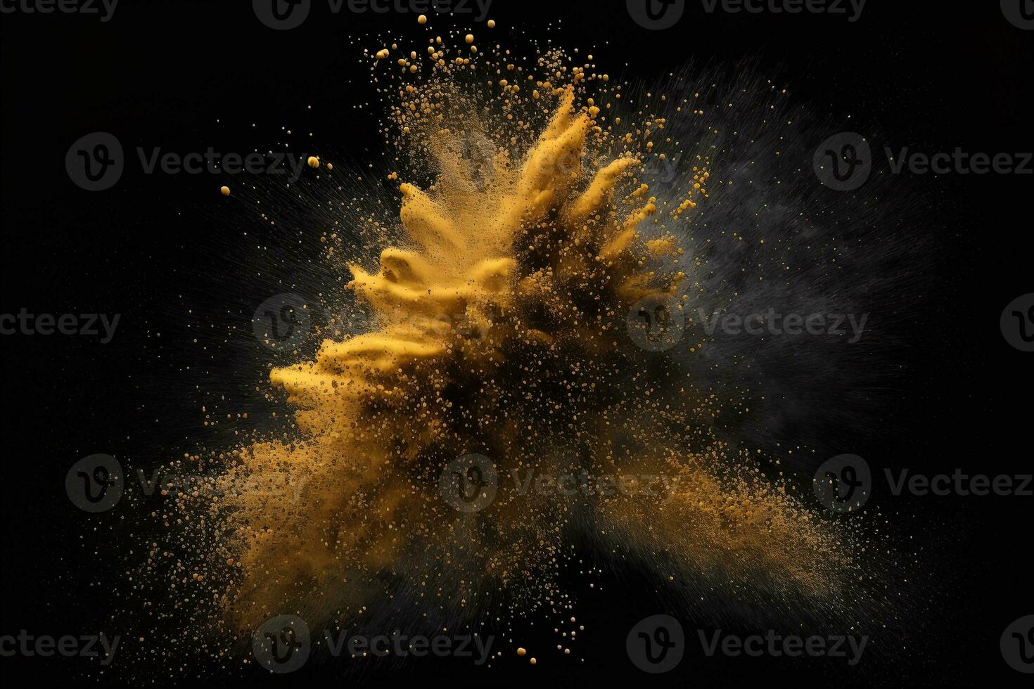 Abstract gold powder explosion on Black background.Colorful dust explode. Painted Holiday powder festival. Freeze motion of color powder exploding,throwing color powder on background. photo