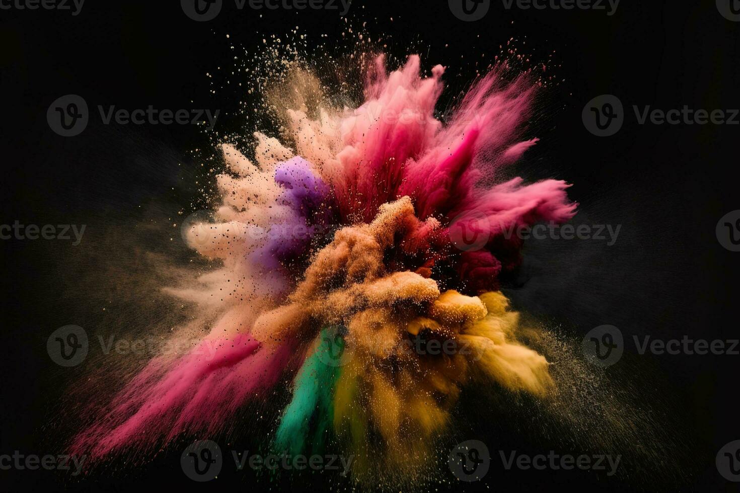 Abstract multicolored powder explosion on Black background.Colorful dust explode. Painted Holiday powder festival. Freeze motion of color powder exploding,throwing color powder on background. photo