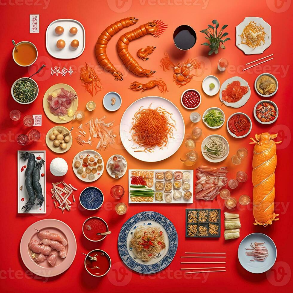 Top view of table dinner chinese. Knolling photography of chinese dinner new year , vibrant. Vietnamese Traditional Meal in Country side. Flat lay. photo