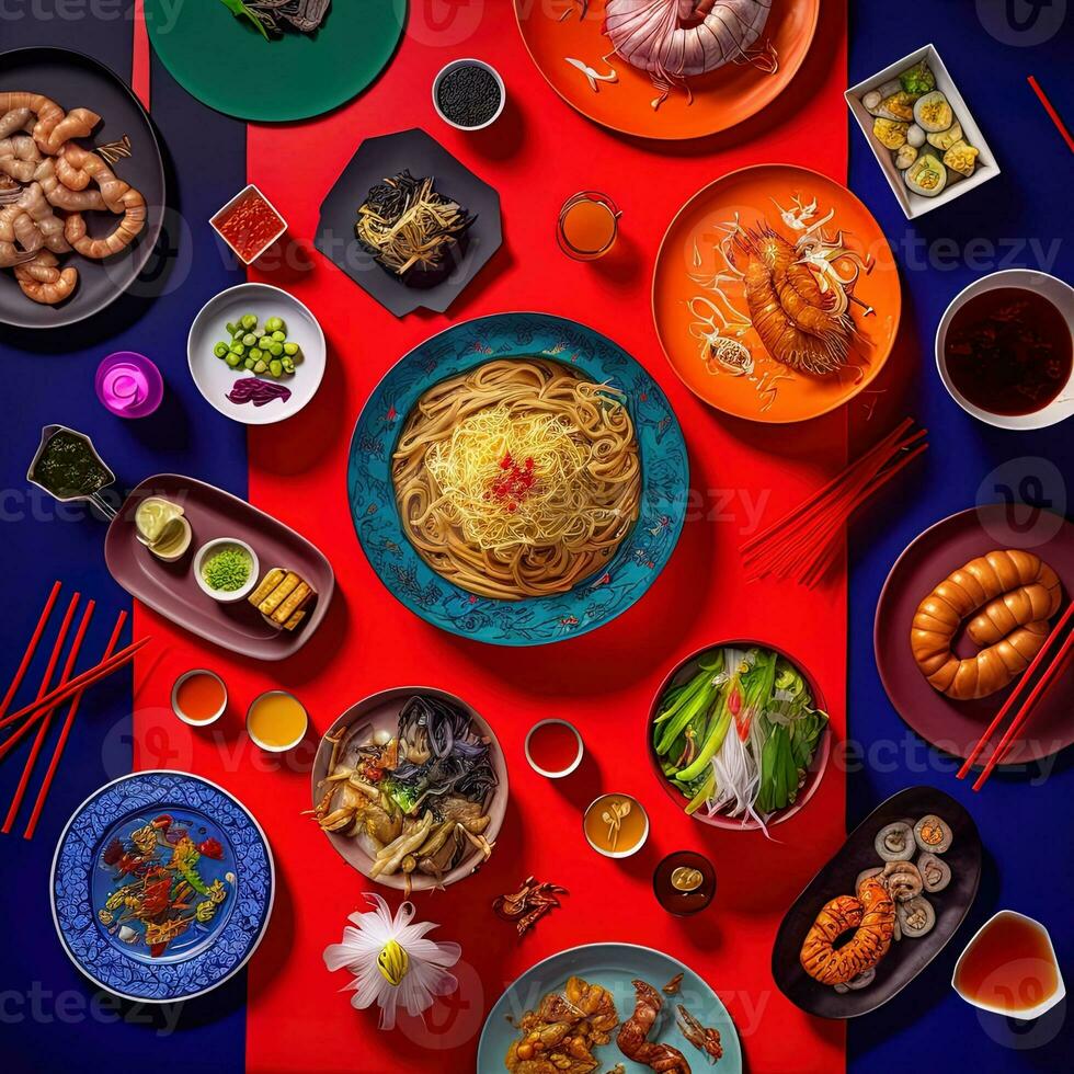 Top view of table dinner chinese. Knolling photography of chinese dinner new year , vibrant. Vietnamese Traditional Meal in Country side. Flat lay. photo