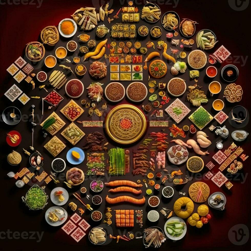 parte superior ver de mesa cena chino. knolling fotografía de chino cena nuevo año , vibrante. vietnamita tradicional comida en país lado. plano poner. foto