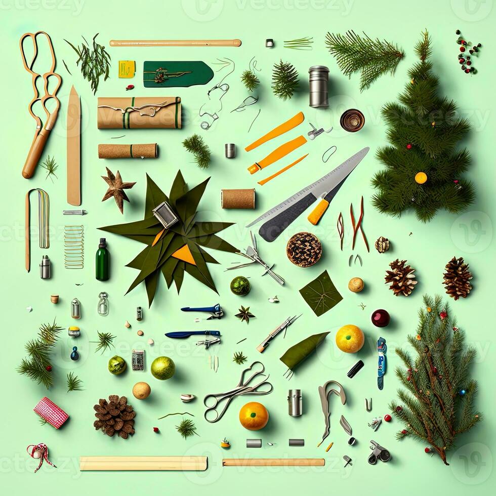 Set realistic Christmas objects design, pine branches, pine cone, decorative snowflake, xmas ball and confetti, bells, and old watch, knolling photography of christmas supplies , vibrant. Flat lay photo