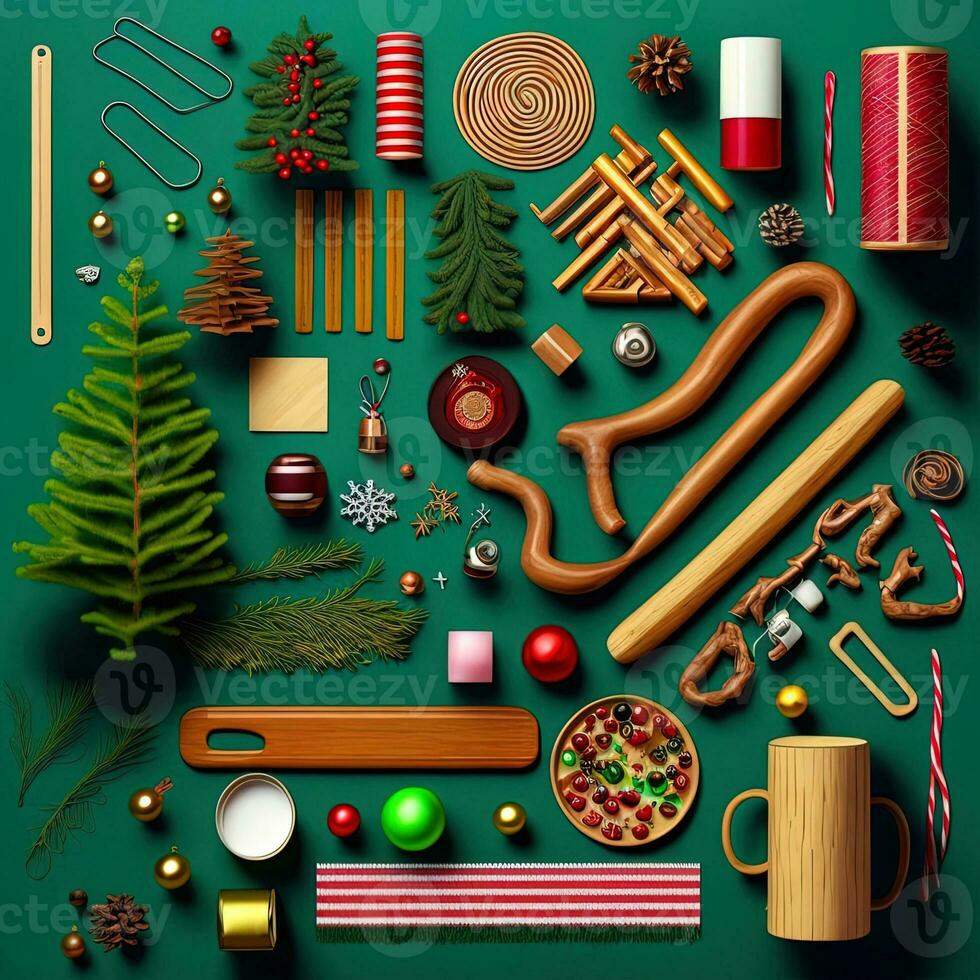 Set realistic Christmas objects design, pine branches, pine cone, decorative snowflake, xmas ball and confetti, bells, and old watch, knolling photography of christmas supplies , vibrant. Flat lay photo