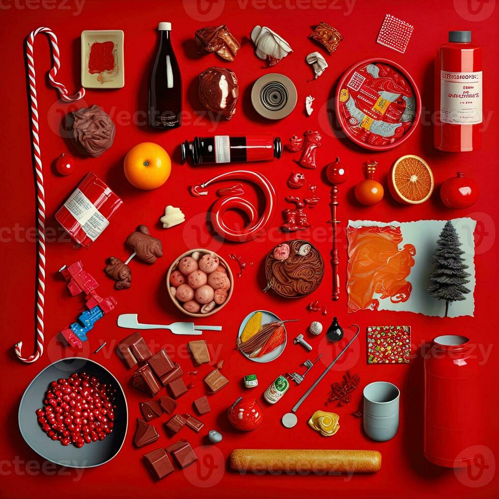 Set realistic Christmas objects design, pine branches, pine cone, decorative snowflake, xmas ball and confetti, bells, and old watch, knolling photography of christmas supplies , vibrant. Flat lay photo