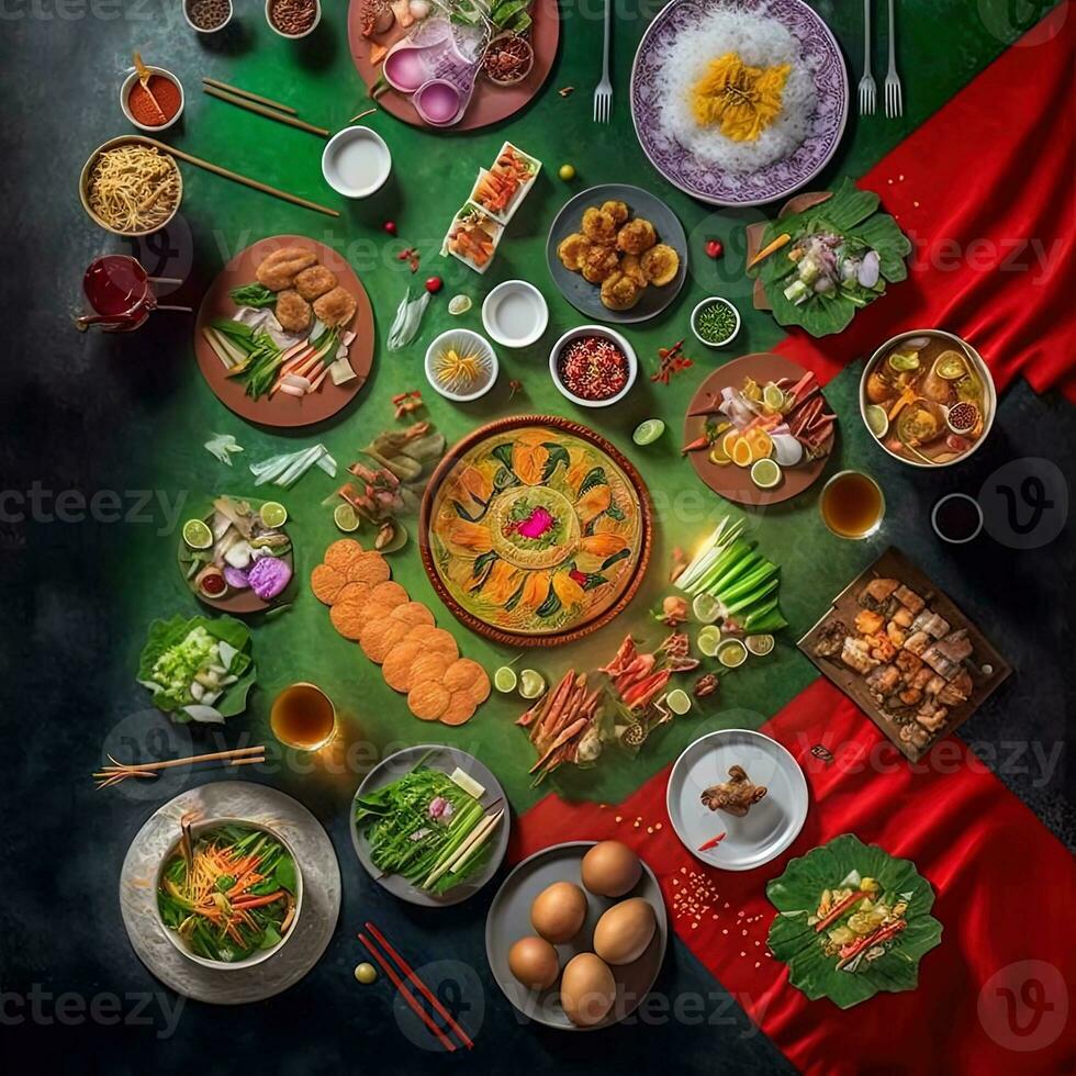 parte superior ver de mesa cena vietnamita. knolling fotografía de familia cena nuevo año , vibrante. vietnamita tradicional comida en país lado. plano poner. foto