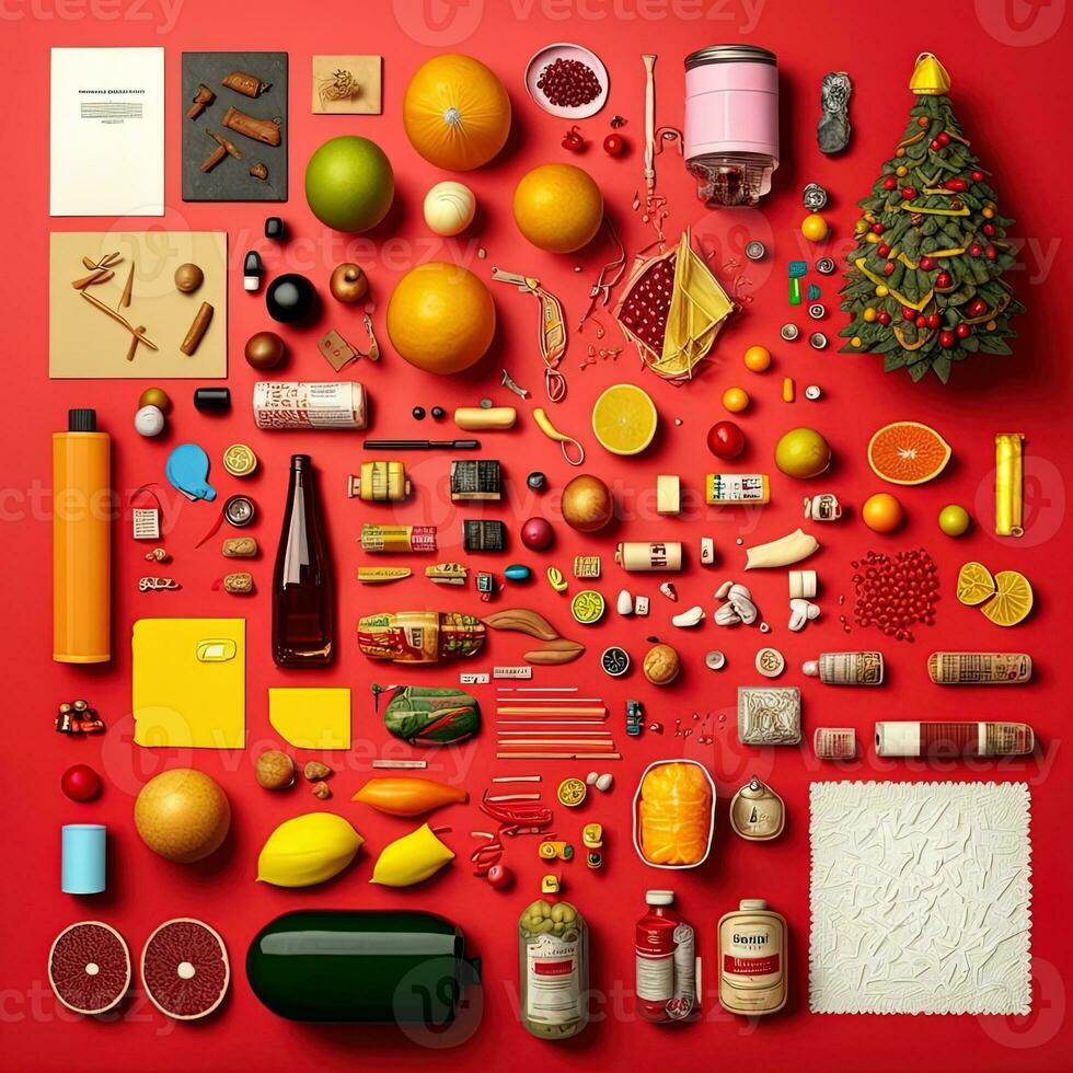 Set realistic Christmas objects design, pine branches, pine cone, decorative snowflake, xmas ball and confetti, bells, and old watch, knolling photography of christmas supplies , vibrant. Flat lay photo