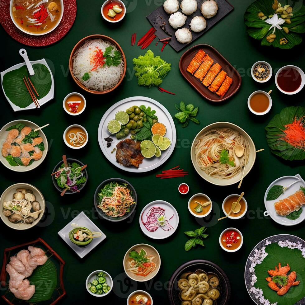 Top view of table dinner Vietnamese. Knolling photography of family dinner new year , vibrant. Vietnamese Traditional Meal in Country side. Flat lay. photo