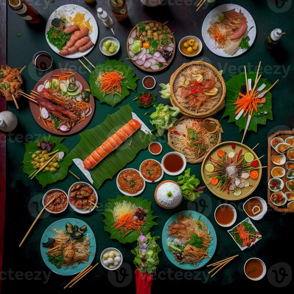 Top view of table dinner Vietnamese. Knolling photography of family dinner new year , vibrant. Vietnamese Traditional Meal in Country side. Flat lay. photo