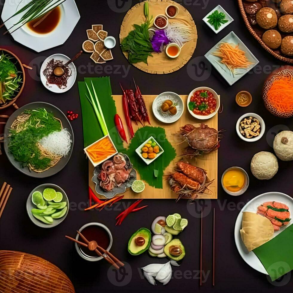 Top view of table dinner Vietnamese. Knolling photography of family dinner new year , vibrant. Vietnamese Traditional Meal in Country side. Flat lay. photo