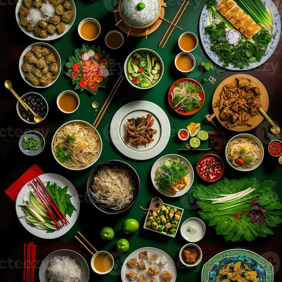 Top view of table dinner Vietnamese. Knolling photography of family dinner new year , vibrant. Vietnamese Traditional Meal in Country side. Flat lay. photo