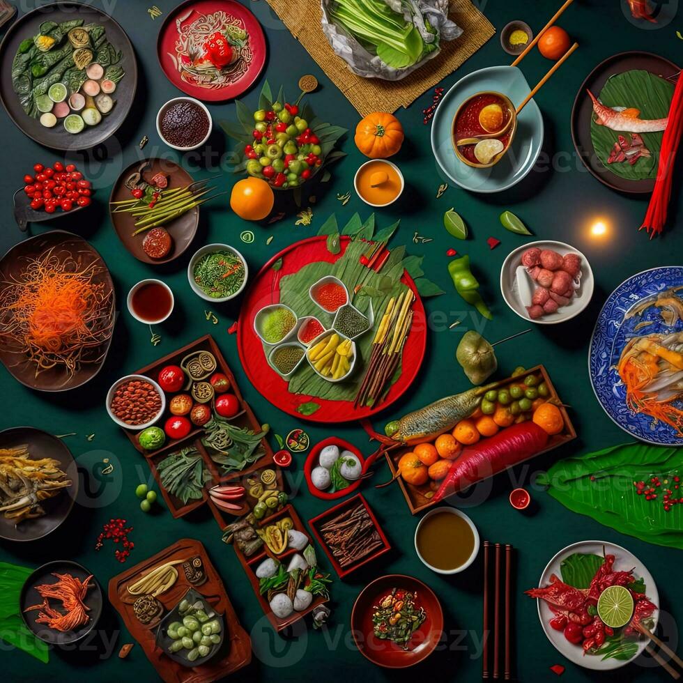 Top view of table dinner Vietnamese. Knolling photography of family dinner new year , vibrant. Vietnamese Traditional Meal in Country side. Flat lay. photo