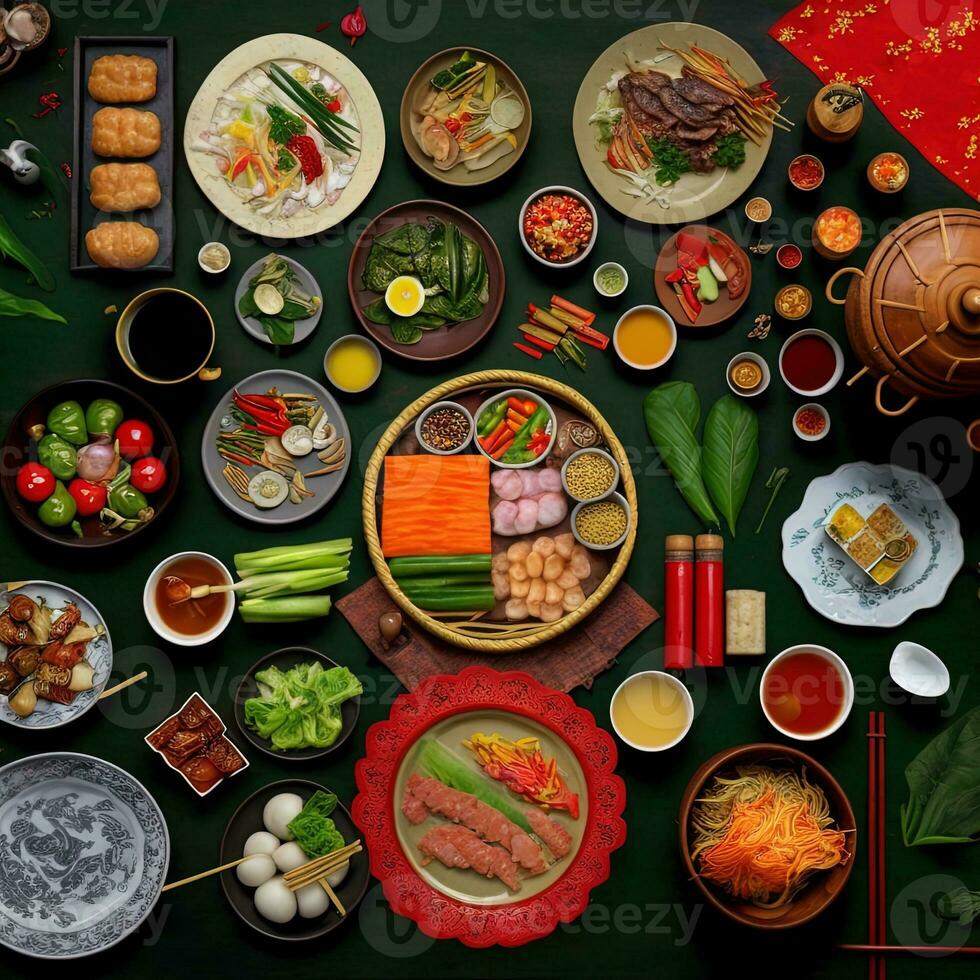 Top view of table dinner Vietnamese. Knolling photography of family dinner new year , vibrant. Vietnamese Traditional Meal in Country side. Flat lay. photo