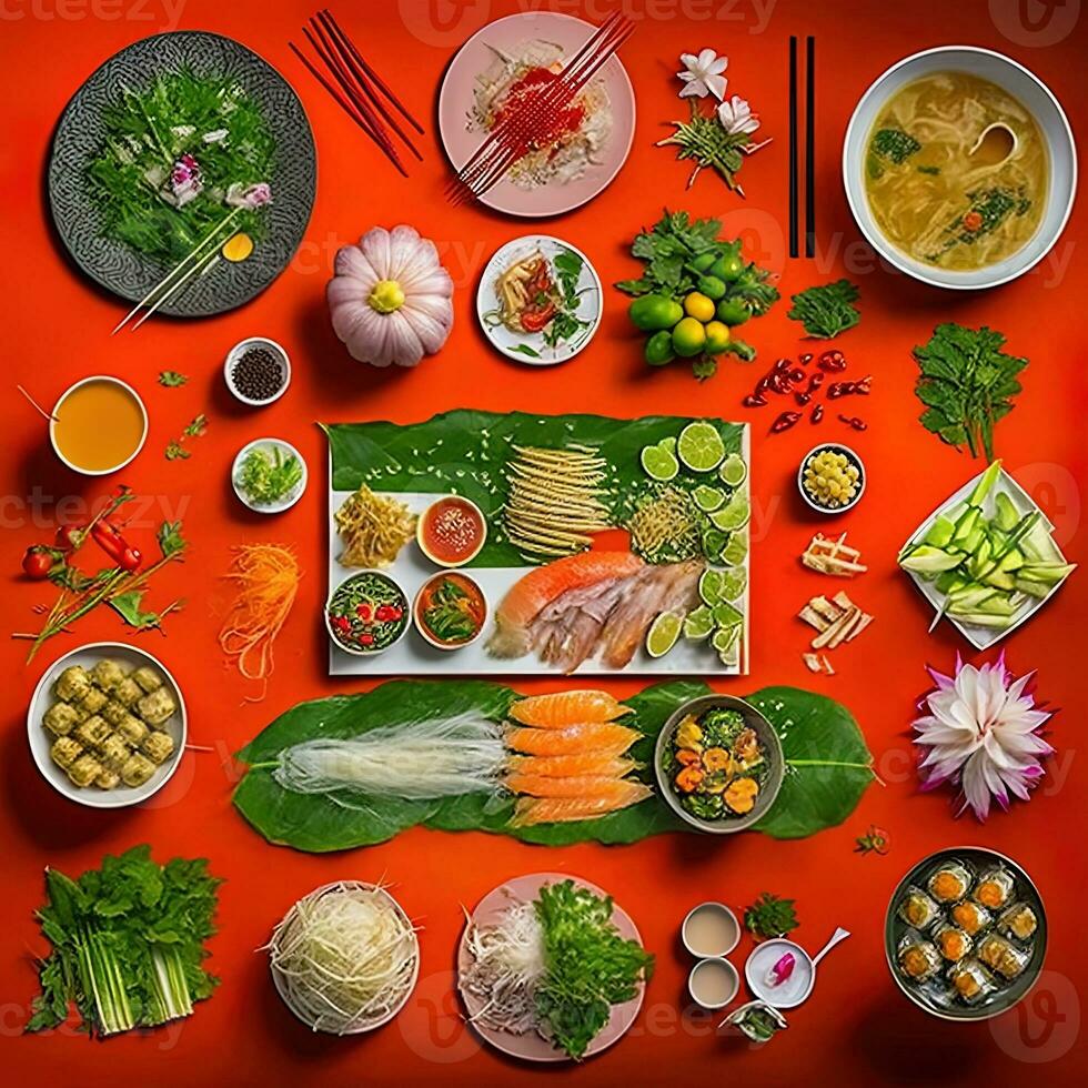 Top view of table dinner Vietnamese. Knolling photography of family dinner new year , vibrant. Vietnamese Traditional Meal in Country side. Flat lay. photo