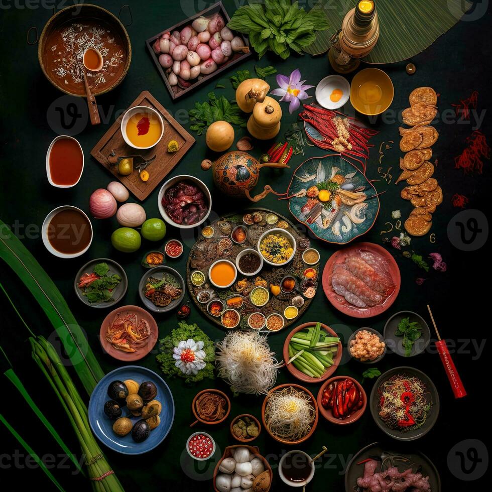 Top view of table dinner Vietnamese. Knolling photography of family dinner new year , vibrant. Vietnamese Traditional Meal in Country side. Flat lay. photo