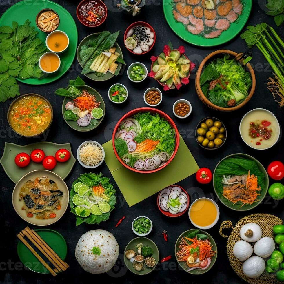 Top view of table dinner Vietnamese. Knolling photography of family dinner new year , vibrant. Vietnamese Traditional Meal in Country side. Flat lay. photo