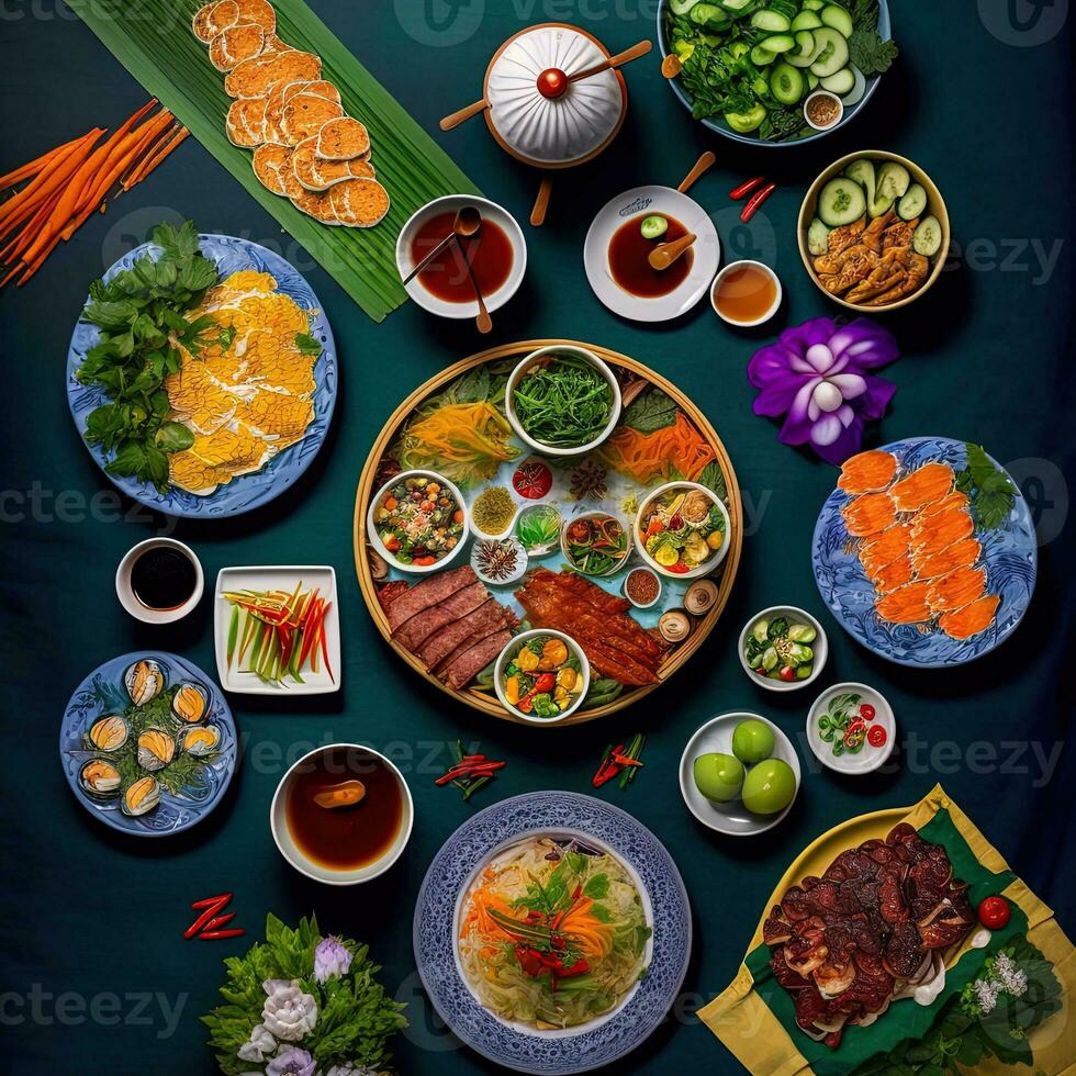 Top view of table dinner Vietnamese. Knolling photography of family dinner new year , vibrant. Vietnamese Traditional Meal in Country side. Flat lay. photo