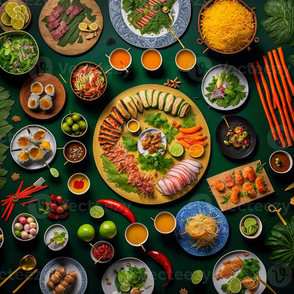 Top view of table dinner Vietnamese. Knolling photography of family dinner new year , vibrant. Vietnamese Traditional Meal in Country side. Flat lay. photo