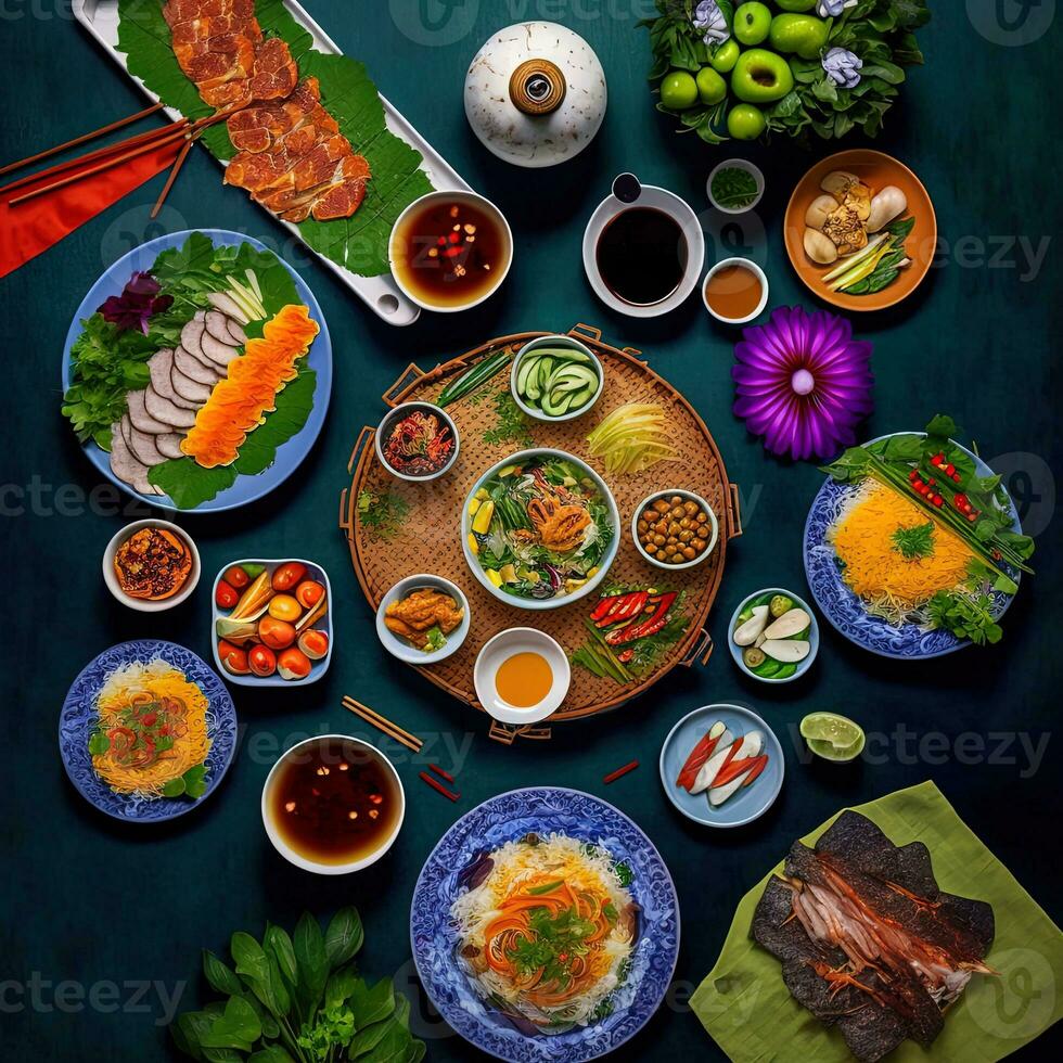 Top view of table dinner Vietnamese. Knolling photography of family dinner new year , vibrant. Vietnamese Traditional Meal in Country side. Flat lay. photo