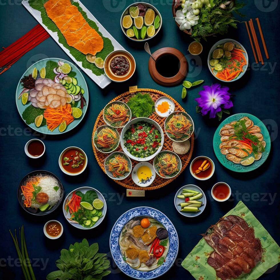 Top view of table dinner Vietnamese. Knolling photography of family dinner new year , vibrant. Vietnamese Traditional Meal in Country side. Flat lay. photo