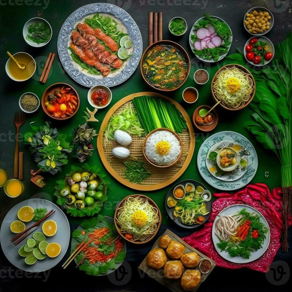 Top view of table dinner Vietnamese. Knolling photography of family dinner new year , vibrant. Vietnamese Traditional Meal in Country side. Flat lay. photo