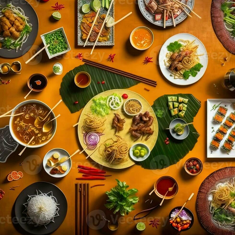 Top view of table dinner Vietnamese. Knolling photography of family dinner new year , vibrant. Vietnamese Traditional Meal in Country side. Flat lay. photo