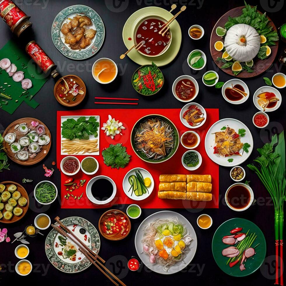 Top view of table dinner Vietnamese. Knolling photography of family dinner new year , vibrant. Vietnamese Traditional Meal in Country side. Flat lay. photo