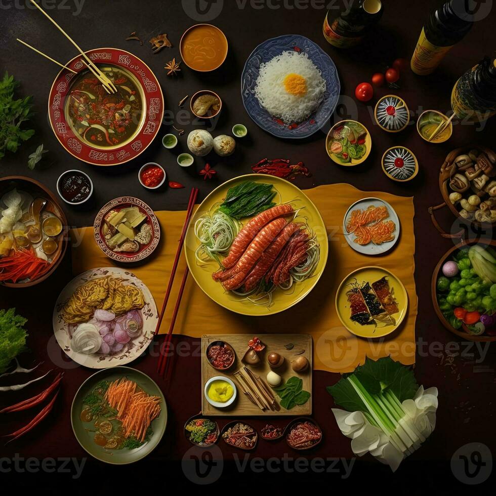 Top view of table dinner Vietnamese. Knolling photography of family dinner new year , vibrant. Vietnamese Traditional Meal in Country side. Flat lay. photo