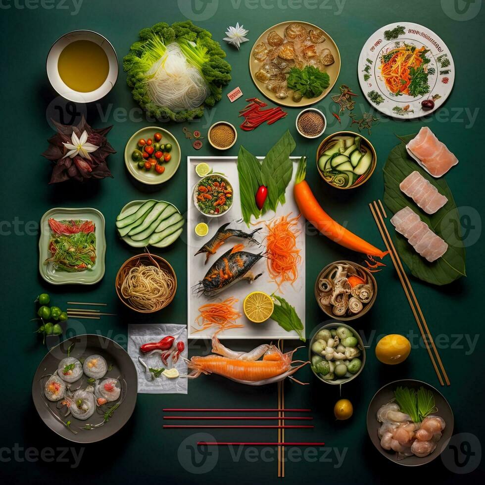 Top view of table dinner Vietnamese. Knolling photography of family dinner new year , vibrant. Vietnamese Traditional Meal in Country side. Flat lay. photo