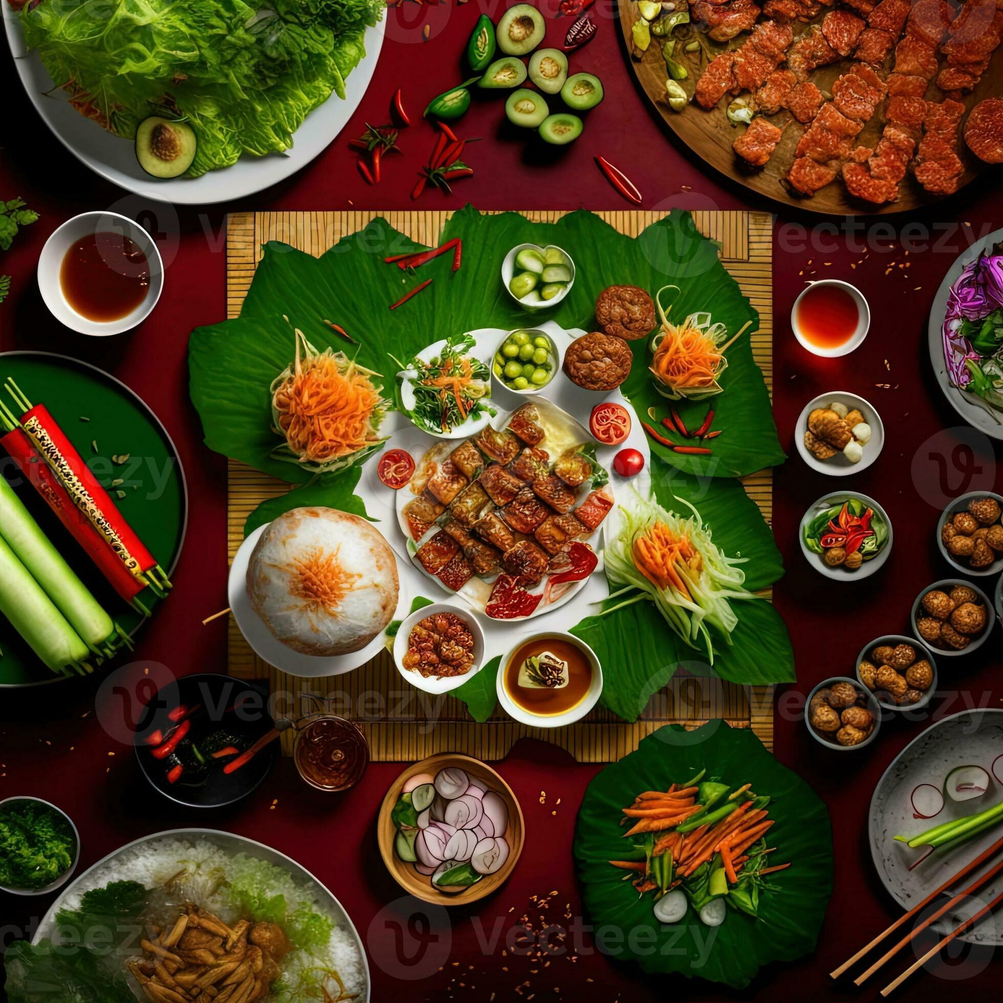 parte superior ver de mesa cena vietnamita. knolling fotografía de ...