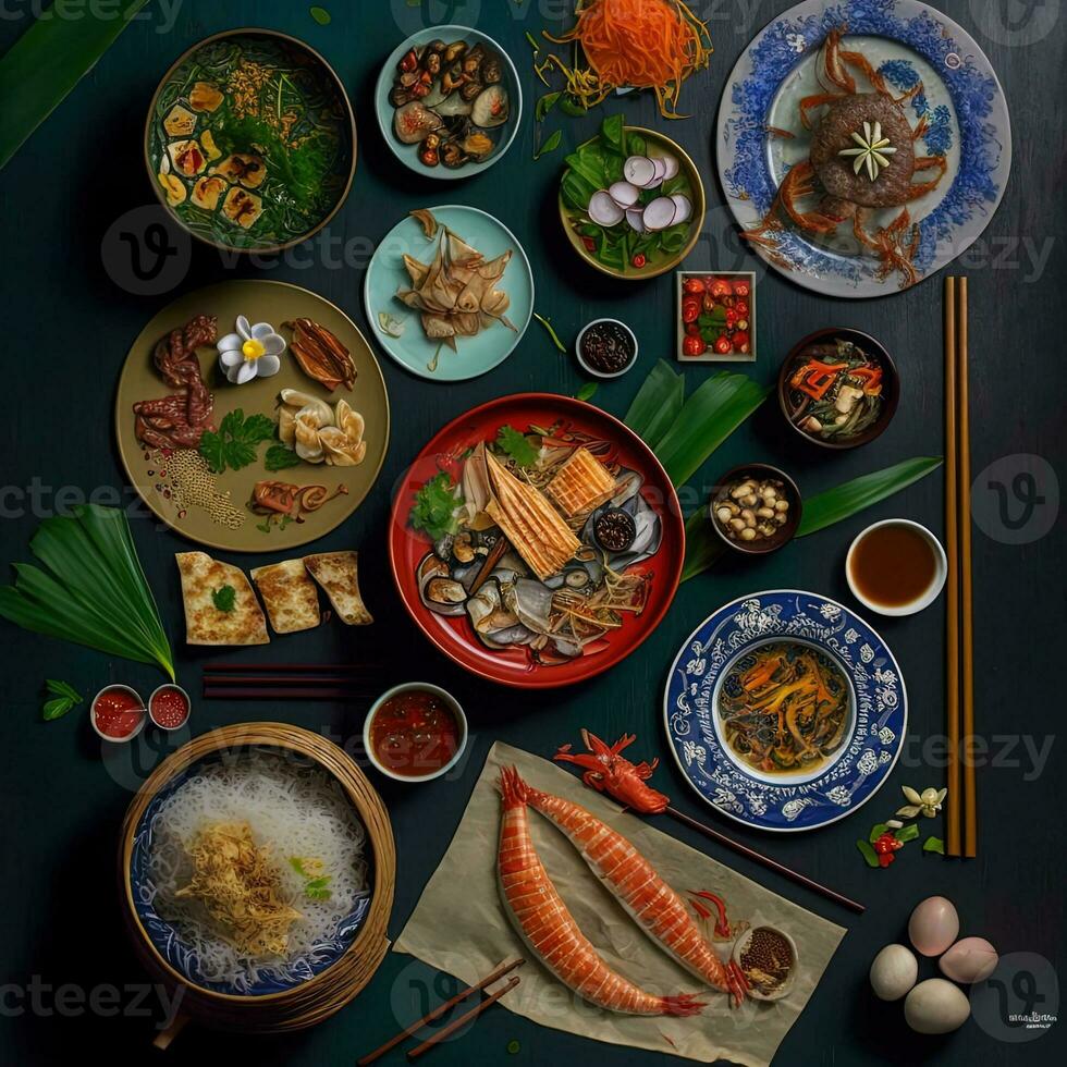 Top view of table dinner Vietnamese. Knolling photography of family dinner new year , vibrant. Vietnamese Traditional Meal in Country side. Flat lay. photo