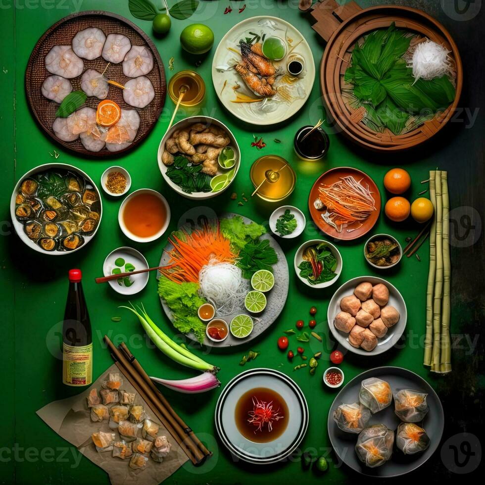 Top view of table dinner Vietnamese. Knolling photography of family dinner new year , vibrant. Vietnamese Traditional Meal in Country side. Flat lay. photo