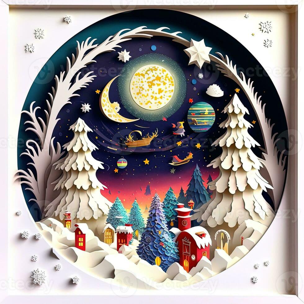 Paper cut quilling multidimensional, paper cut craft, paper illustration, christmas tree and colored lights, vine, stars, tunnel, comet, ornate, oil, christmas, santa claus, snow, doves photo