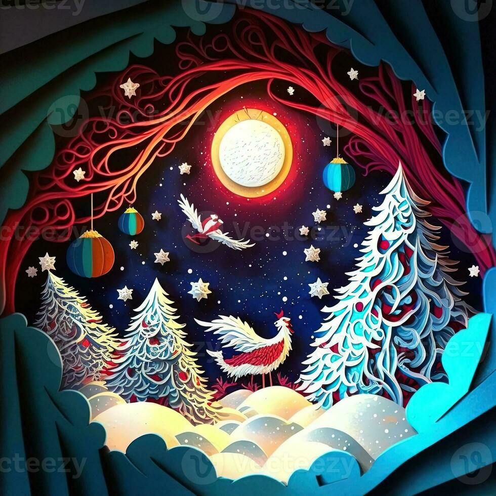 Paper cut quilling multidimensional, paper cut craft, paper illustration, christmas tree and colored lights, vine, stars, tunnel, comet, ornate, oil, christmas, santa claus, snow, doves photo