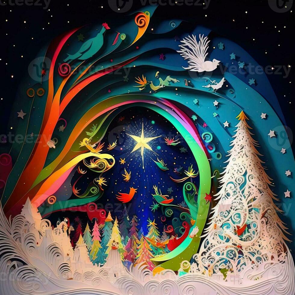 Paper cut quilling multidimensional, paper cut craft, paper illustration, christmas tree and colored lights, vine, stars, tunnel, comet, ornate, oil, christmas, santa claus, snow, doves photo