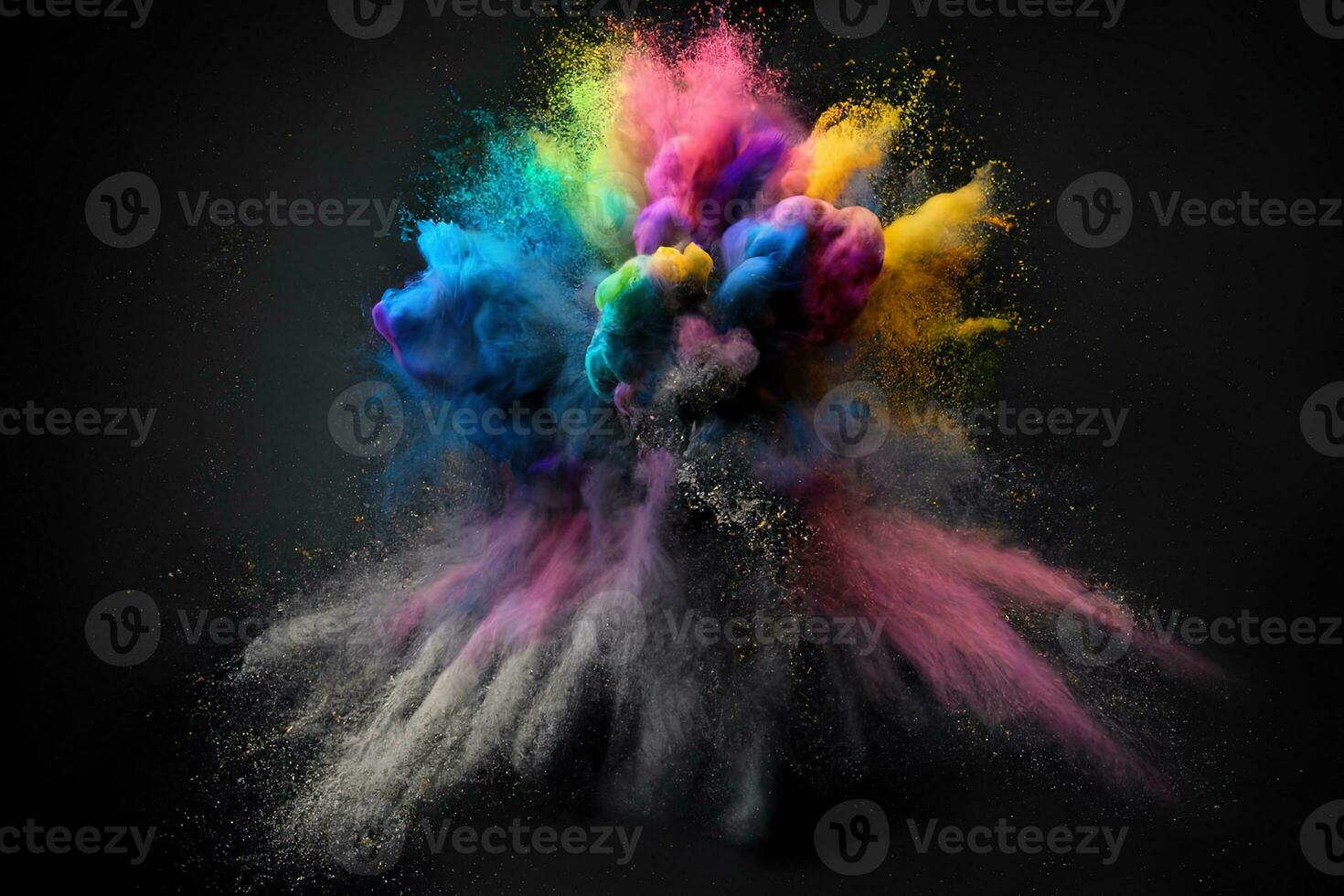 Abstract multicolored powder explosion on Black background.Colorful dust explode. Painted Holiday powder festival. Freeze motion of color powder exploding,throwing color powder on background. photo