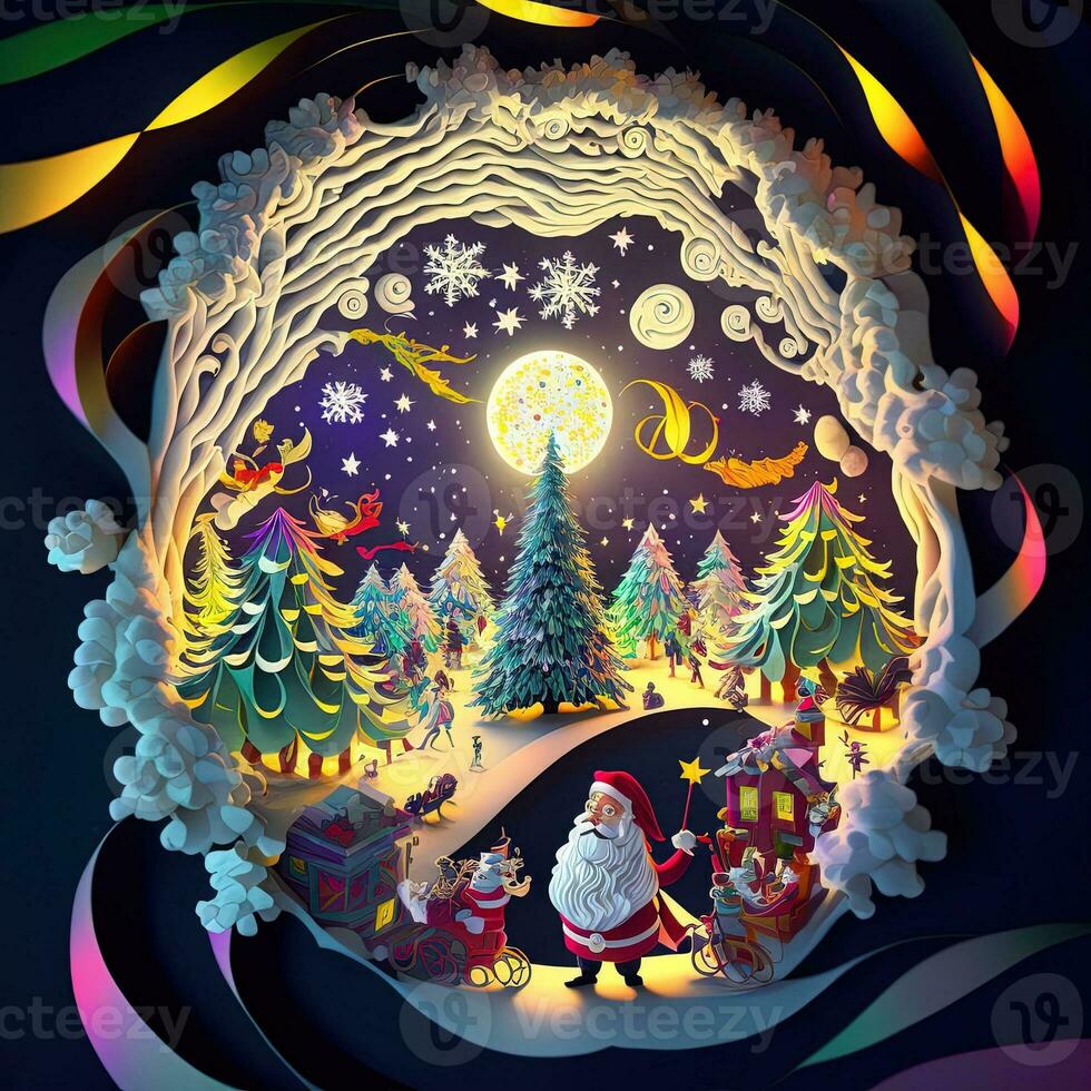 Paper cut quilling multidimensional, paper cut craft, paper illustration, christmas tree and colored lights, vine, stars, tunnel, comet, ornate, oil, christmas, santa claus, snow, doves photo