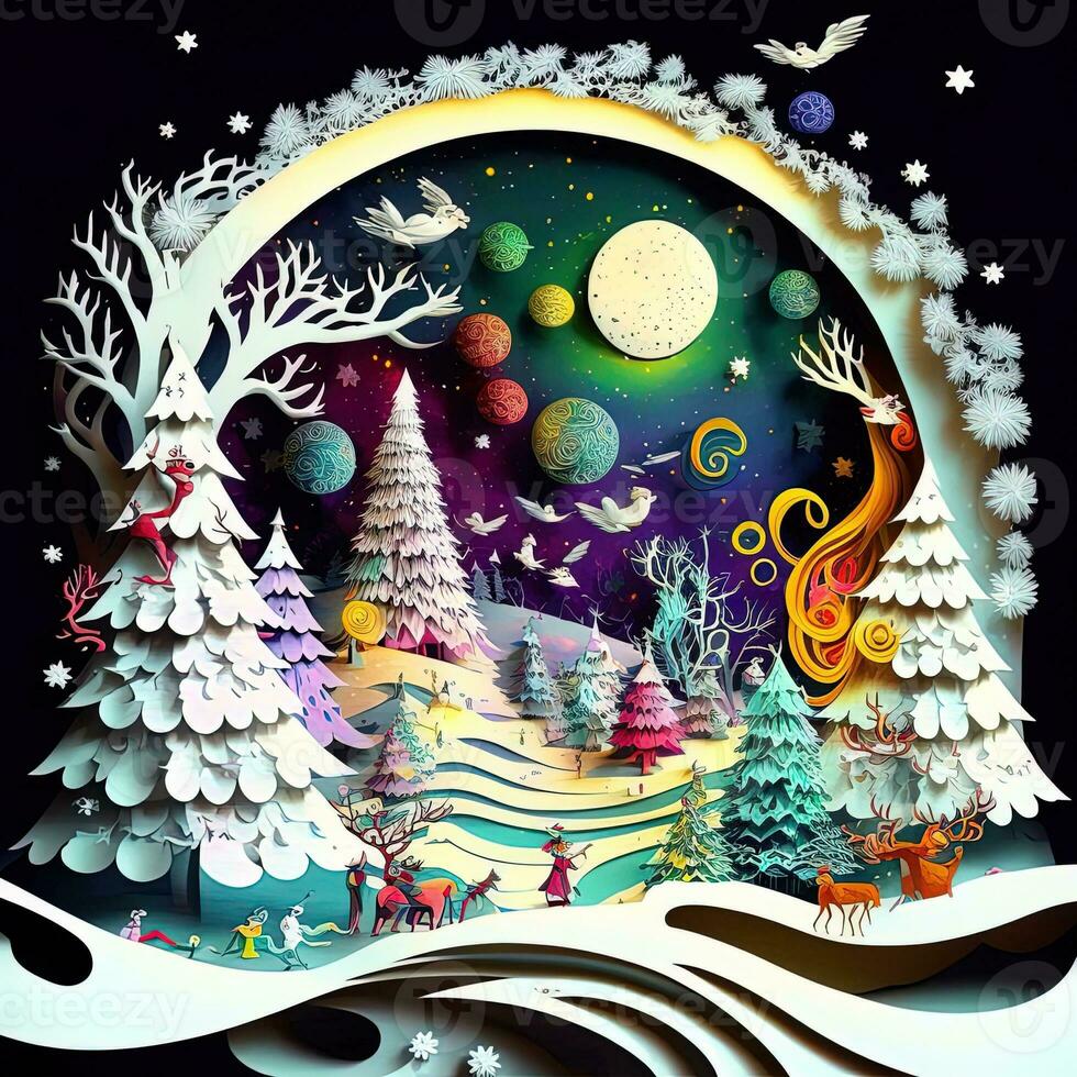 Paper cut quilling multidimensional, paper cut craft, paper illustration, christmas tree and colored lights, vine, stars, tunnel, comet, ornate, oil, christmas, santa claus, snow, doves photo