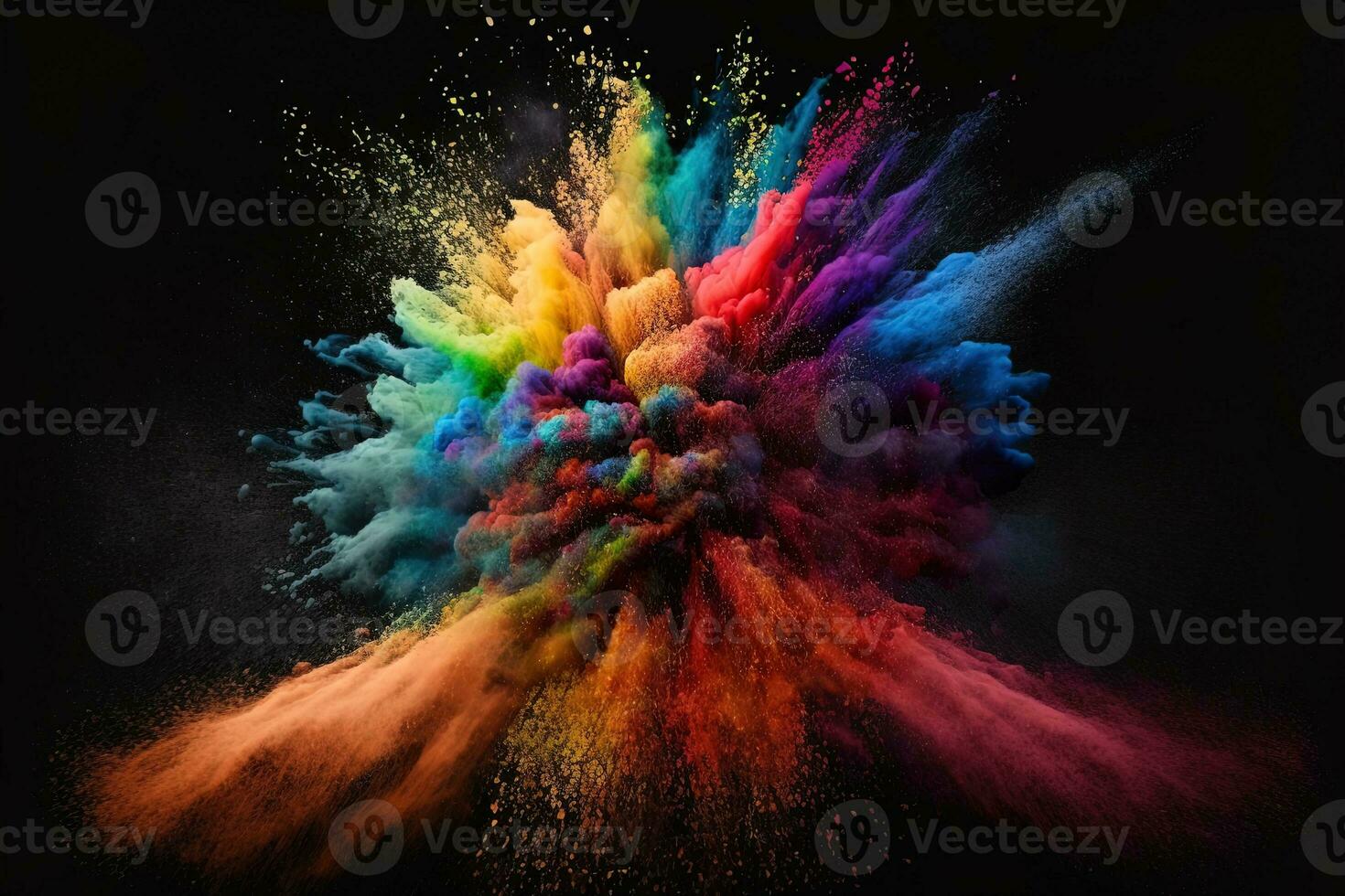 Abstract multicolored powder explosion on Black background.Colorful dust explode. Painted Holiday powder festival. Freeze motion of color powder exploding,throwing color powder on background. photo