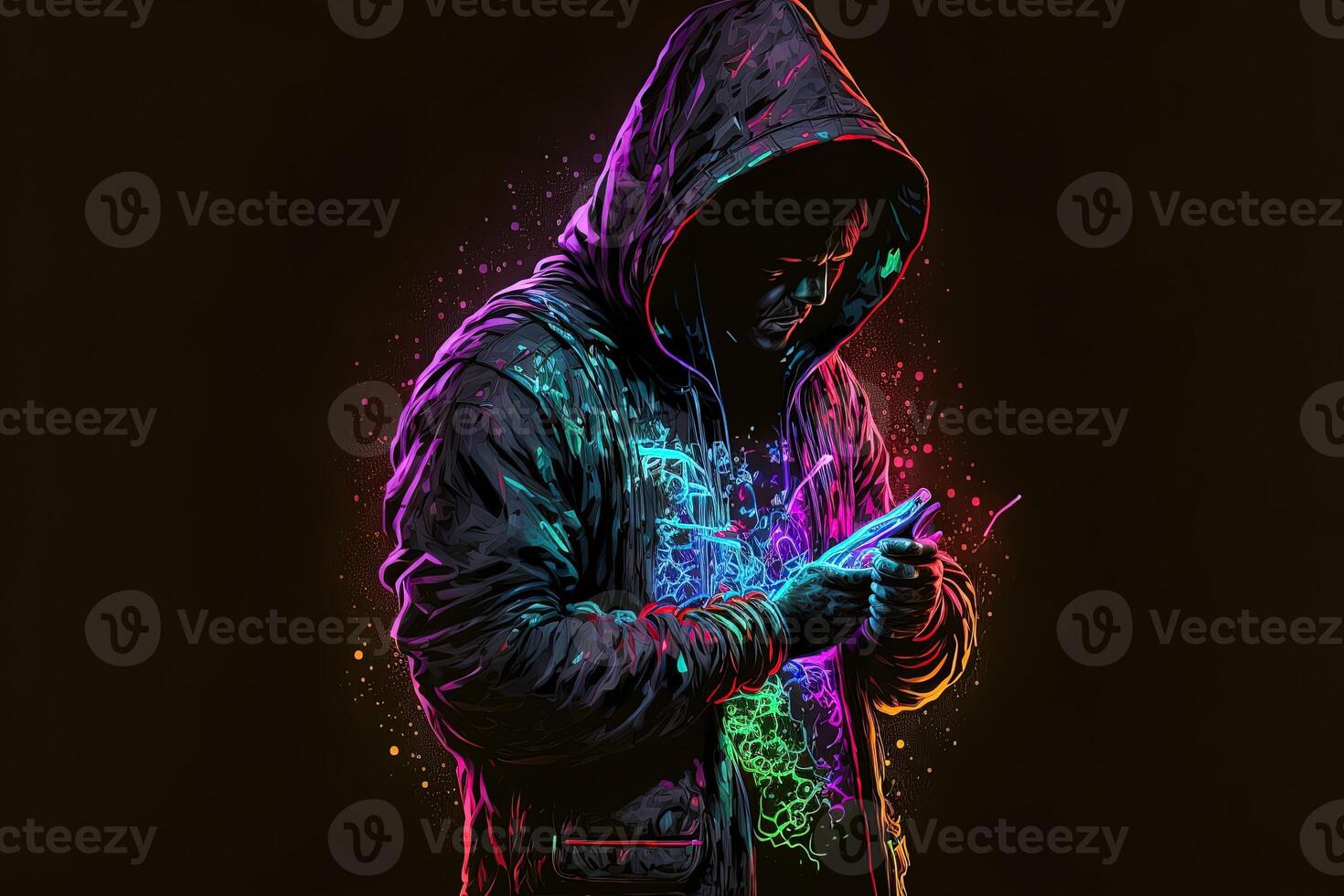 double exposure a lone figure in a hoodie and power boxing, universes collide with neon, cyberpunk, holography, cosmic background. Anonymous man in a black hoodie hacking computer avatar photo