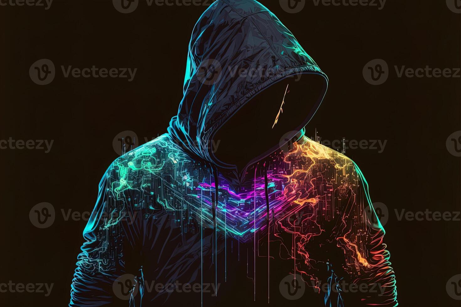 generativo ai doble exposición un solitario figura en un capucha y poder boxeo, universos chocar con neón, ciberpunk, holografía, cósmico antecedentes. anónimo hombre en un negro capucha hackear computadora avatar foto