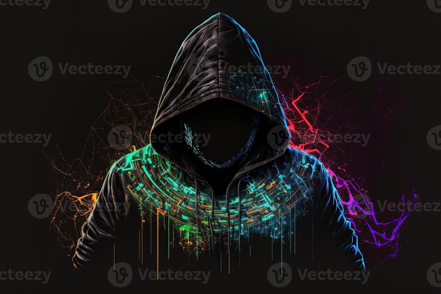 double exposure a lone figure in a hoodie and power boxing, universes collide with neon, cyberpunk, holography, cosmic background. Anonymous man in a black hoodie hacking computer avatar photo