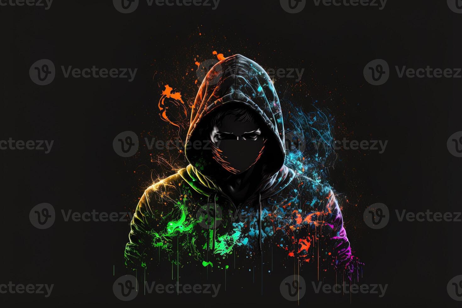 double exposure a lone figure in a hoodie and power boxing, universes collide with neon, cyberpunk, holography, cosmic background. Anonymous man in a black hoodie hacking computer avatar photo